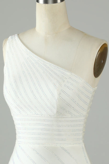 White One Shoulder Beaded Sheath Homecoming Dress