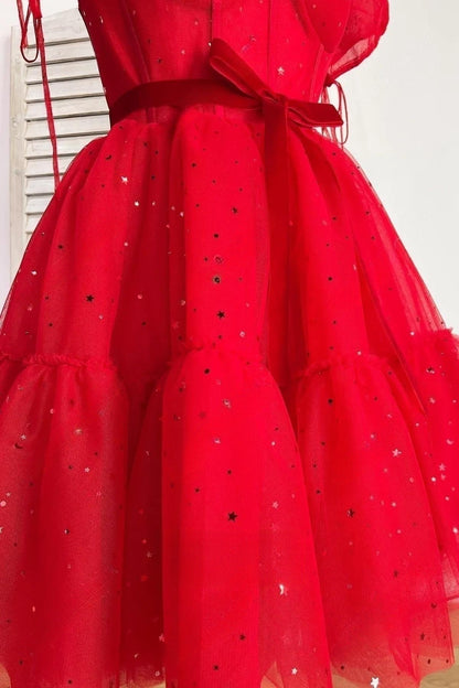 Blue A-line Stars Puff Sleeves Tulle Homecoming Dress with Sash