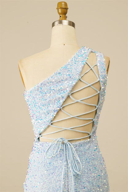 Light Blue Sheath Lace-Up One Shoulder Sequins Homecoming Dress