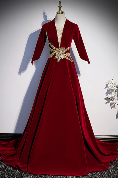 Velvet A-Line V-Neck Half Sleeves Appliques Formal Prom Dress