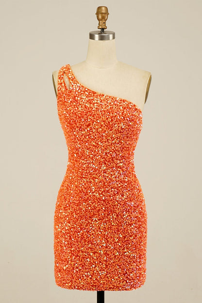 Orange Sequins One Shoulder Sheath Homecoming Dress