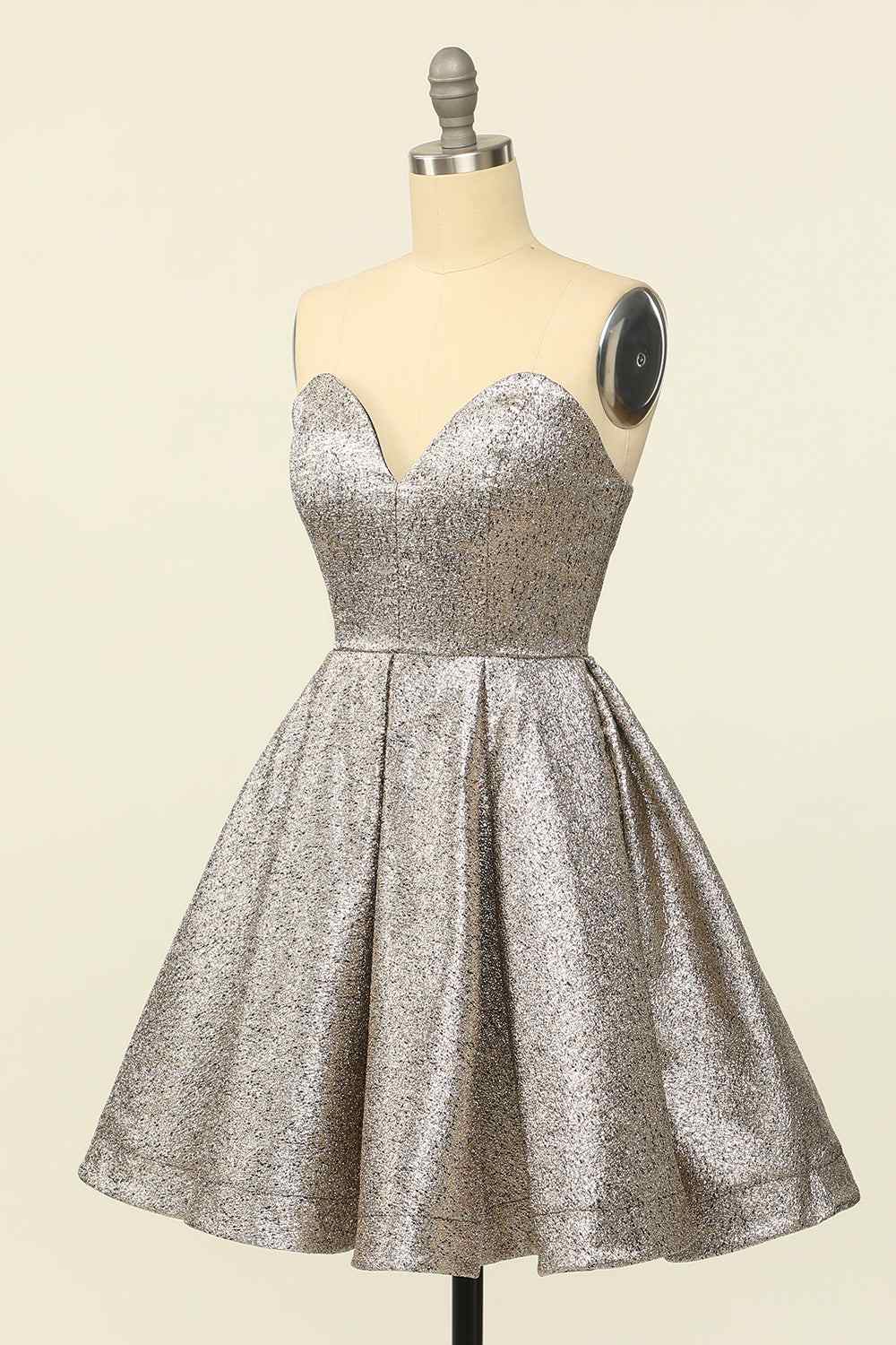 Silver A-line Strapless Sweetheart Lace-Up Back Mini Homecoming Dress