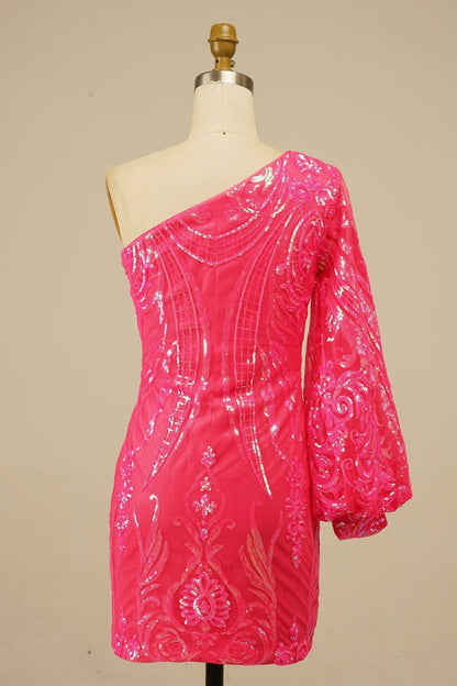 Orange One Shoulder Long Sleeve Sequins-Embroidered Homecoming Dress