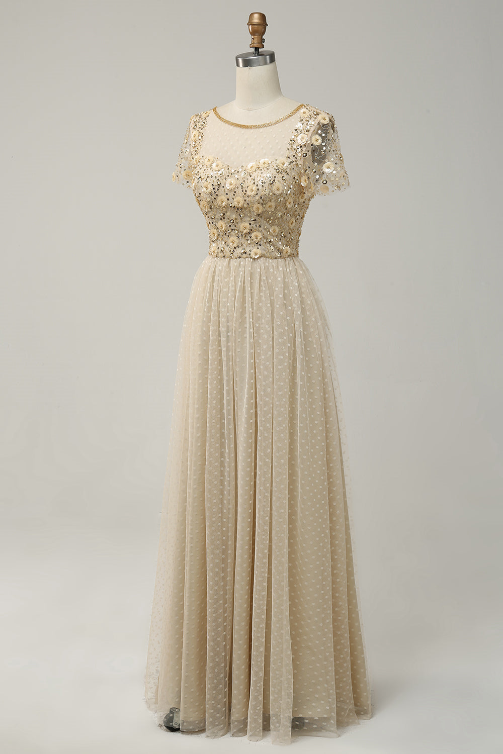 Champagne A-line Dot Appliques Illusion Neck Beaded Long Prom Dress