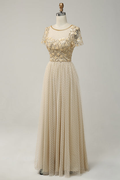 Champagne A-line Dot Appliques Illusion Neck Beaded Long Prom Dress