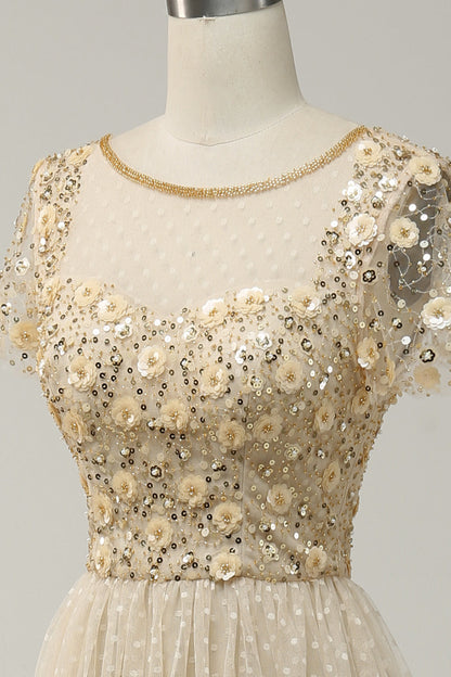 Champagne A-line Dot Appliques Illusion Neck Beaded Long Prom Dress