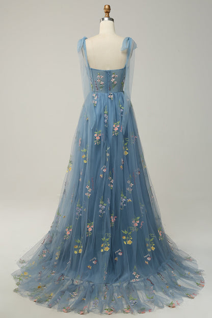 Black Bow Tie Shoulder A-line Embroidery Tulle Long Prom Dress