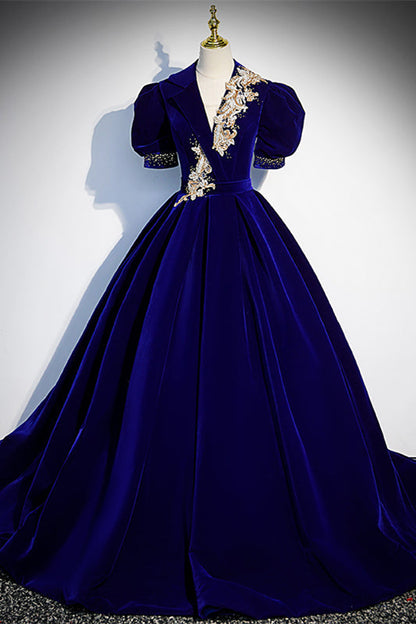 V-Neck Short Sleeves A-Line Empire Velvet Formal Prom Dress