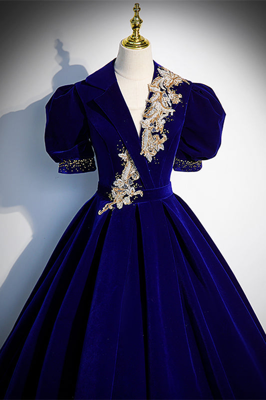 V-Neck Short Sleeves A-Line Empire Velvet Formal Prom Dress