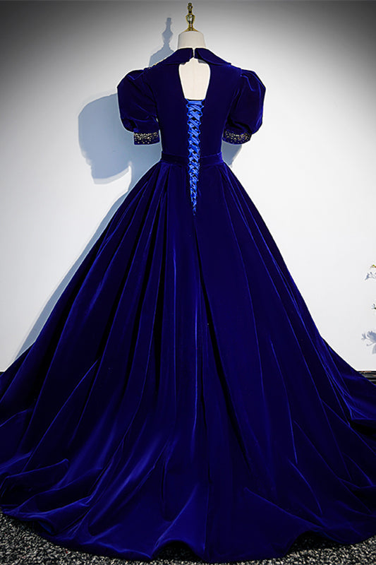 V-Neck Short Sleeves A-Line Empire Velvet Formal Prom Dress