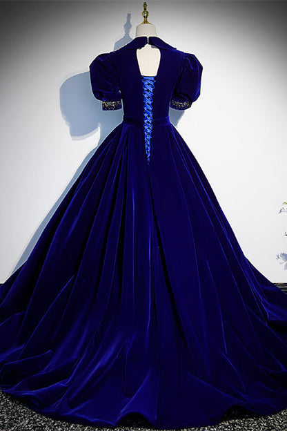 V-Neck Short Sleeves A-Line Empire Velvet Formal Prom Dress