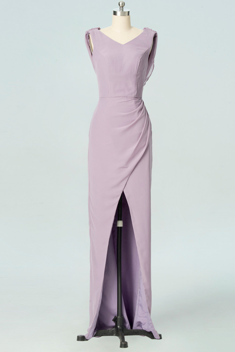 Lilac Mermaid V-neckline Cowl Back Pleated Slit Long Bridesmaid Dress