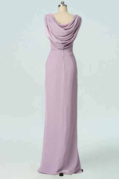 Lilac Mermaid V-neckline Cowl Back Pleated Slit Long Bridesmaid Dress