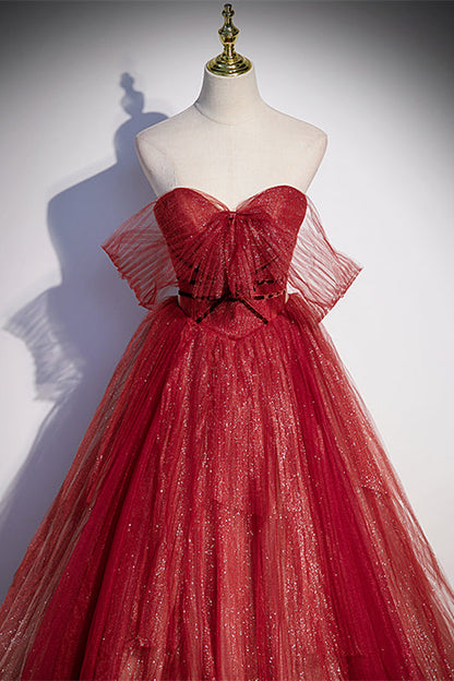 Sparkly Red Sweetheart Empire Tulle A-Line Formal Prom Dress