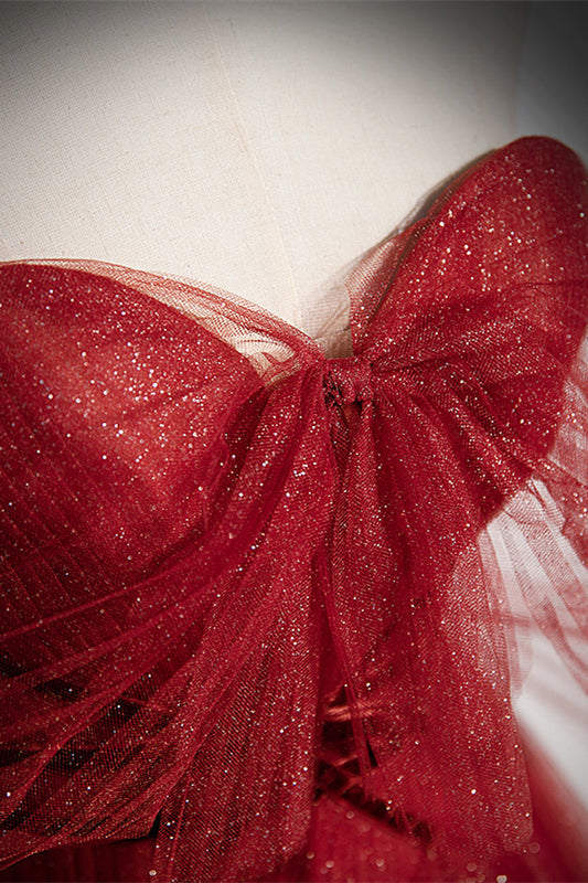 Sparkly Red Sweetheart Empire Tulle A-Line Formal Prom Dress
