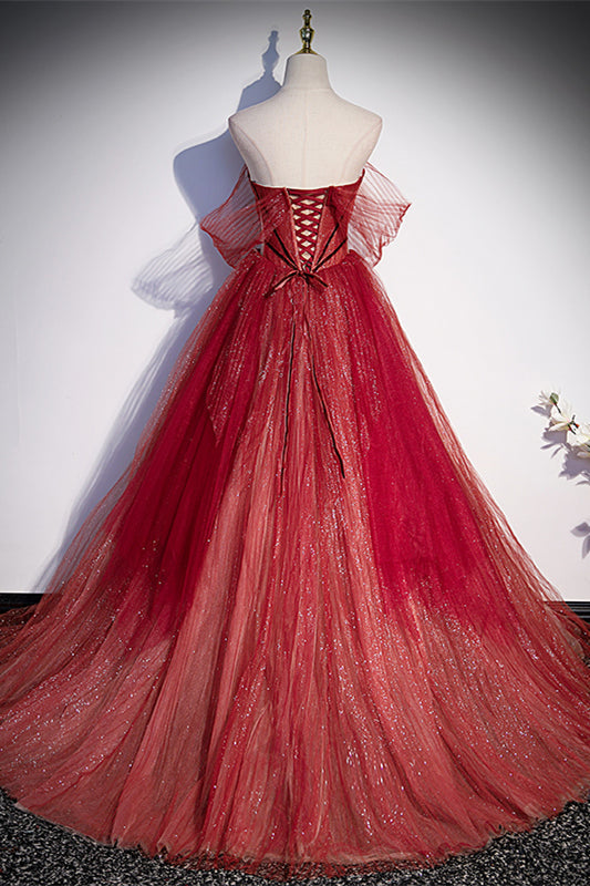 Sparkly Red Sweetheart Empire Tulle A-Line Formal Prom Dress