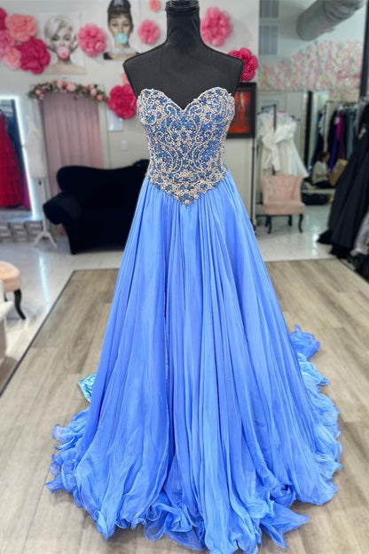 Sweetheart Strapless Beaded Top Chiffon A-Line Party Prom Dress