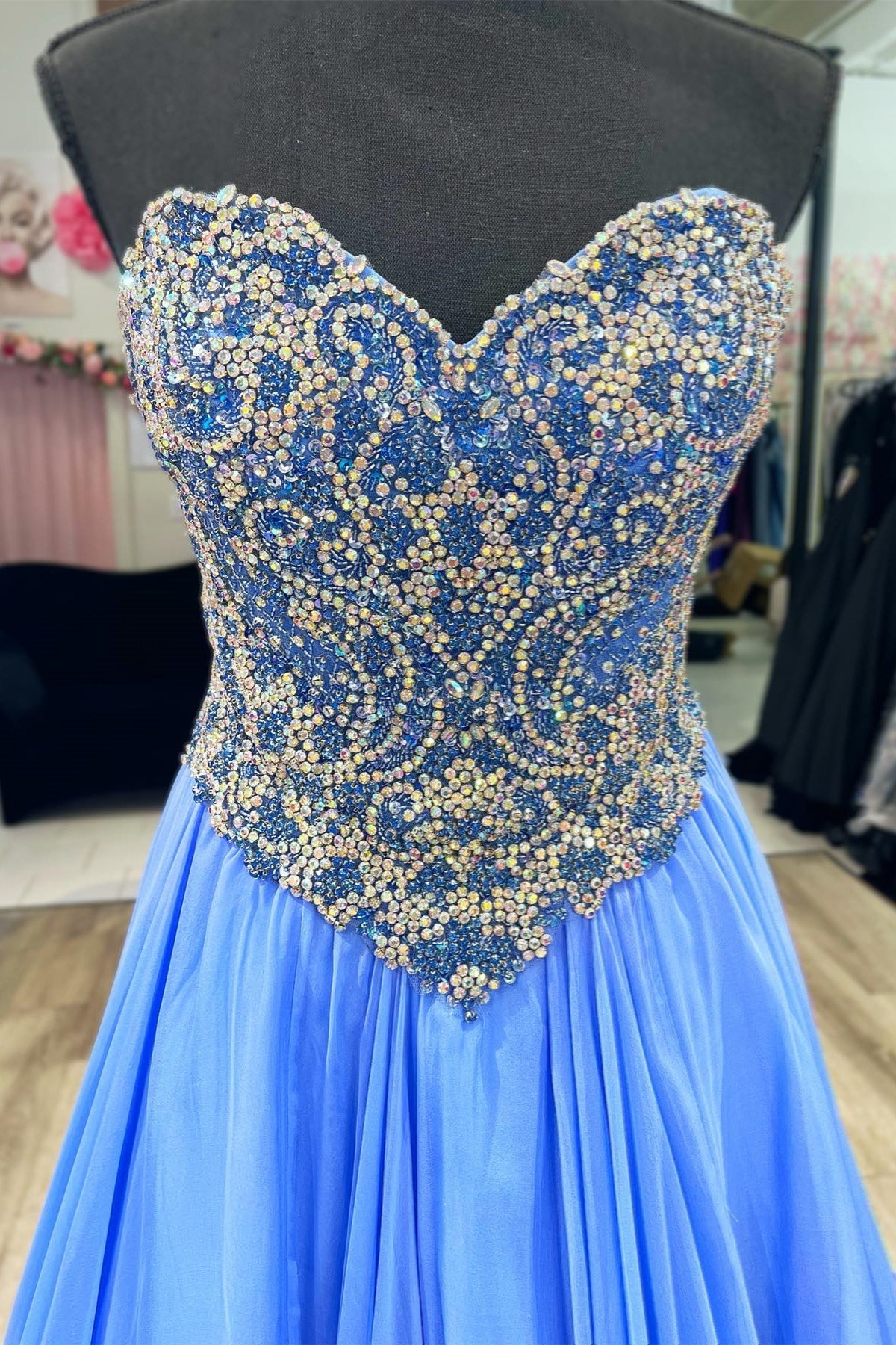 Sweetheart Strapless Beaded Top Chiffon A-Line Party Prom Dress