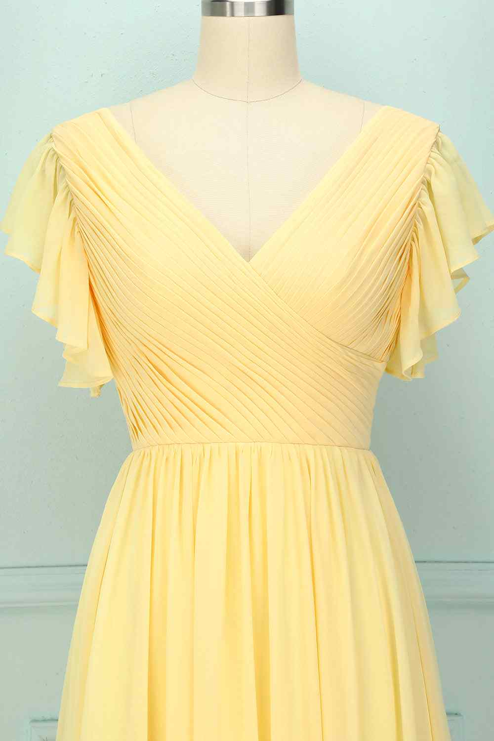 Light Yellow A-line V Neck Pleated Chiffon Ruffle Long Bridesmaid Dress