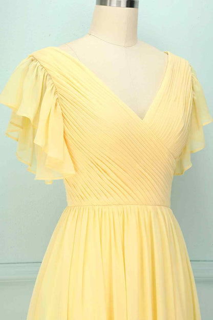 Light Yellow A-line V Neck Pleated Chiffon Ruffle Long Bridesmaid Dress
