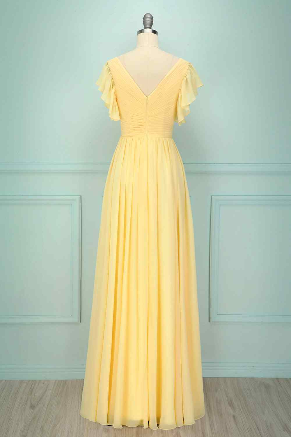 Light Yellow A-line V Neck Pleated Chiffon Ruffle Long Bridesmaid Dress