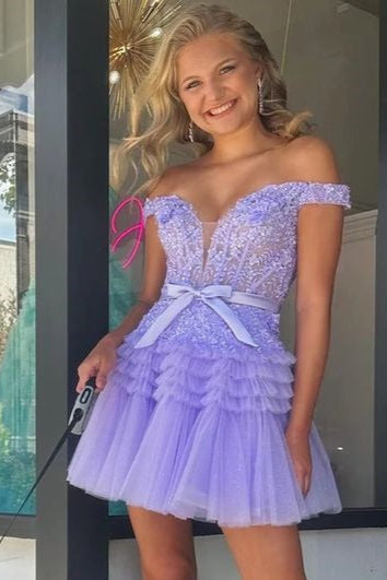 Off-the-Shoulder Bow Tiered Short Homecoming Dress with Ruffles