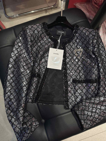 CC Plaid Jacket With Sparkling Beading and Black Stone Border