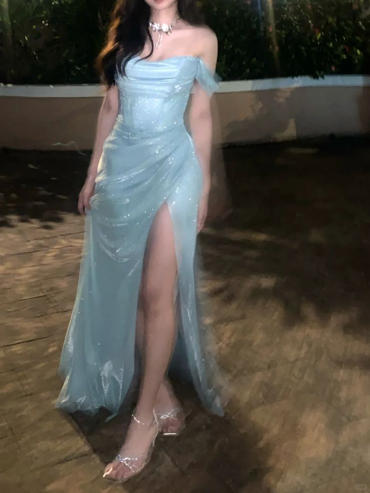 Shiny Baby Blue Off the Shoulder Satin Sequin Mermaid Slit Prom Dress Long Birthday Evening Dress SP1733