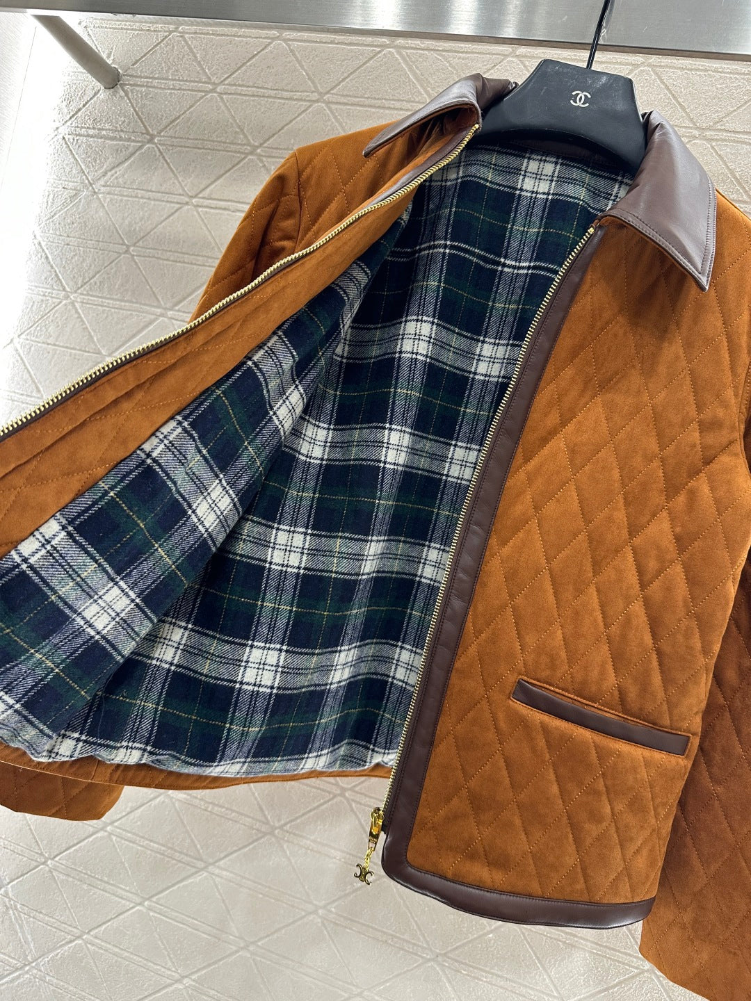 CE Contrast Color Padded Suede Jacket Dark Brown Polyester