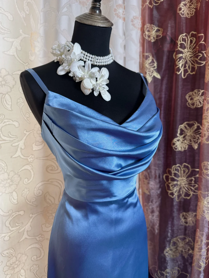 Classy Spaghetti Straps Blue Satin Long Wedding Guest Dress Formal Birthday Evening Dress SP1887