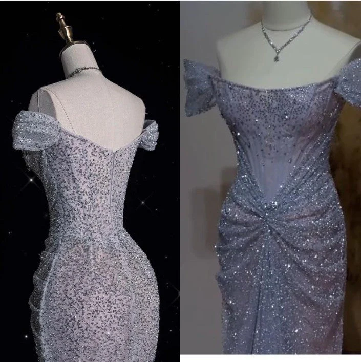 Glitter Gray Off The Shoulder Tulle Sequin Beaded Mermaid Long Evening Dress Party Gown SP1555