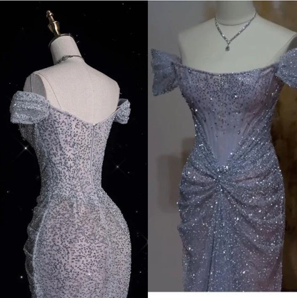 Glitter Gray Off The Shoulder Tulle Sequin Beaded Mermaid Long Evening Dress Party Gown SP1555