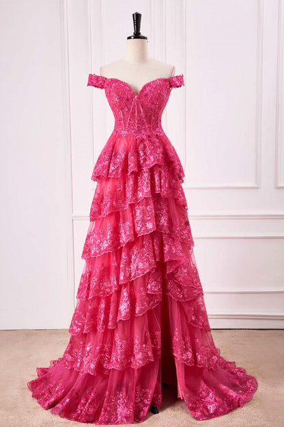 Hot Pink Off-Shoulder Sequined Layers A-line Long Prom Dress with Slit