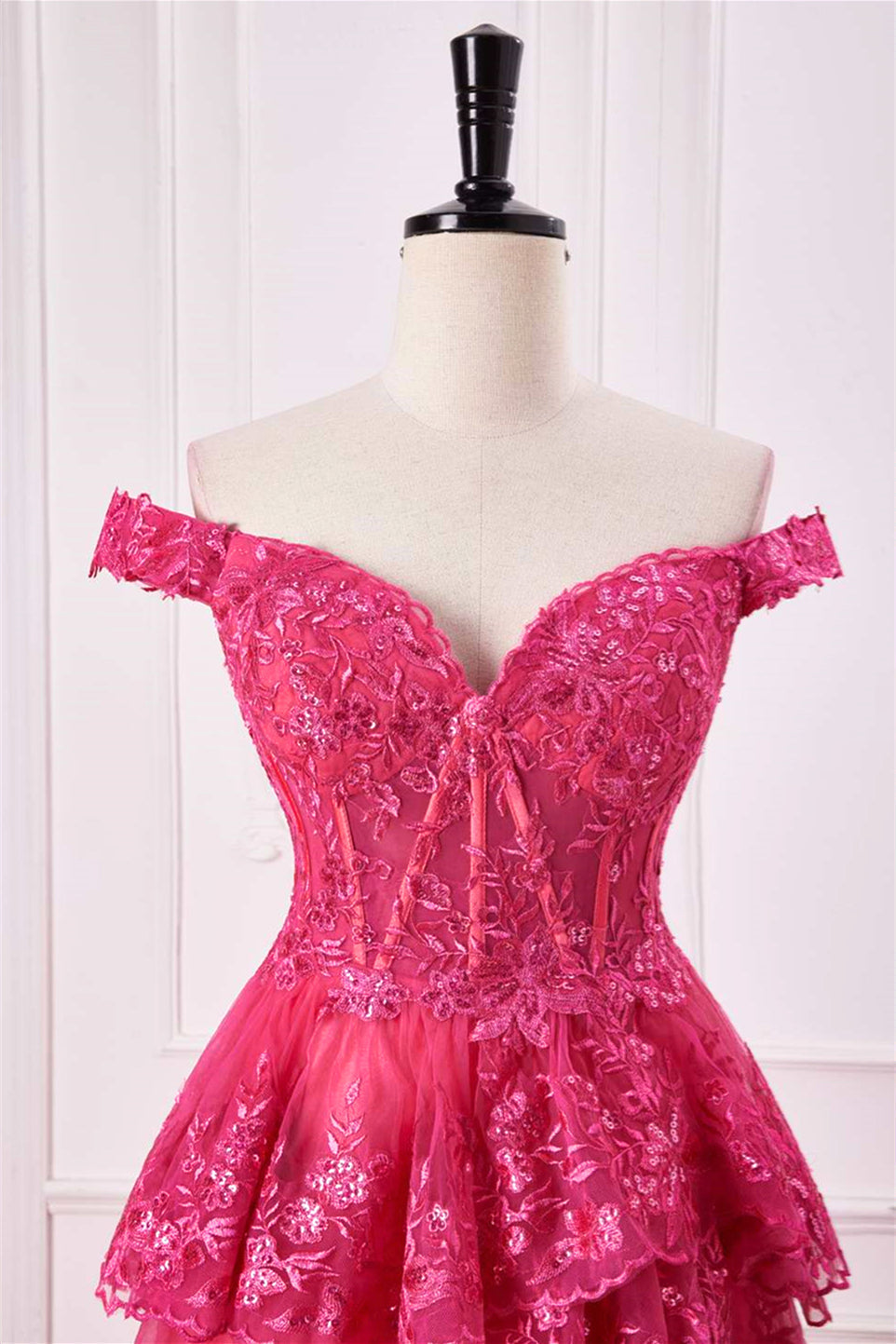 Hot Pink Off-Shoulder Sequined Layers A-line Long Prom Dress with Slit