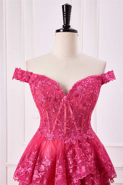 Hot Pink Off-Shoulder Sequined Layers A-line Long Prom Dress with Slit