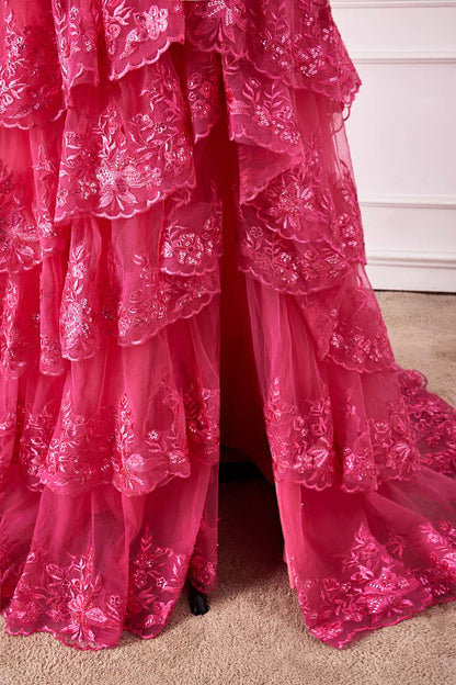 Hot Pink Off-Shoulder Sequined Layers A-line Long Prom Dress with Slit
