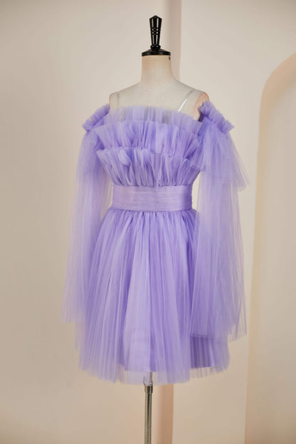 Lavender Strapless A-line Layers Homecoming Dress with Detachable Sleeves