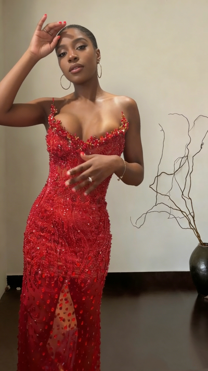 Glamorous Strapless Red Tulle Sequin Beaded Mermaid Evening Dress Long Birthday Prom Dress SP1507