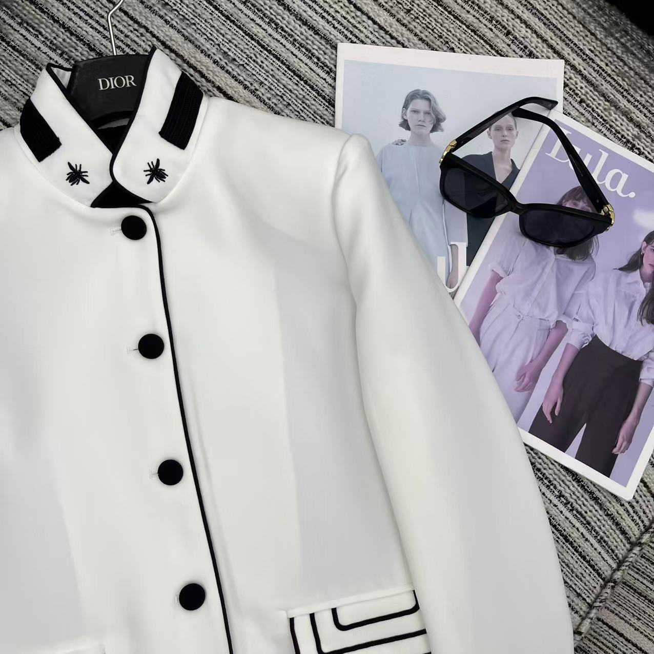 CD 25FW Stand Collar Black and White Contrast Polyester Suit Jacket
