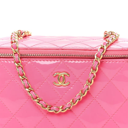Patent Quilted Pearl Crush Small Vanity Case With Chain Neon Pink