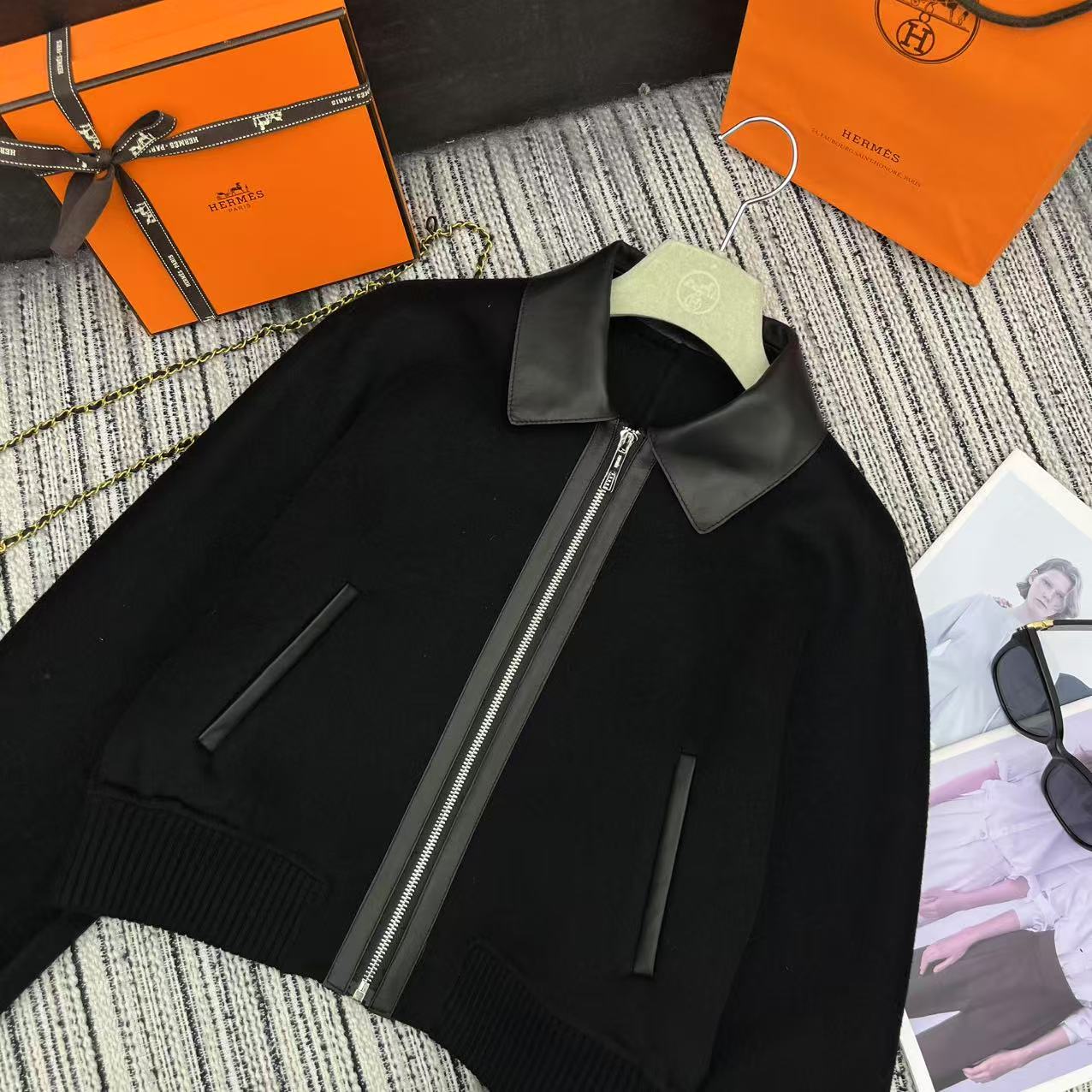 HM Patchwork Leather Lapel Double-faced Black Cashmere Jacket