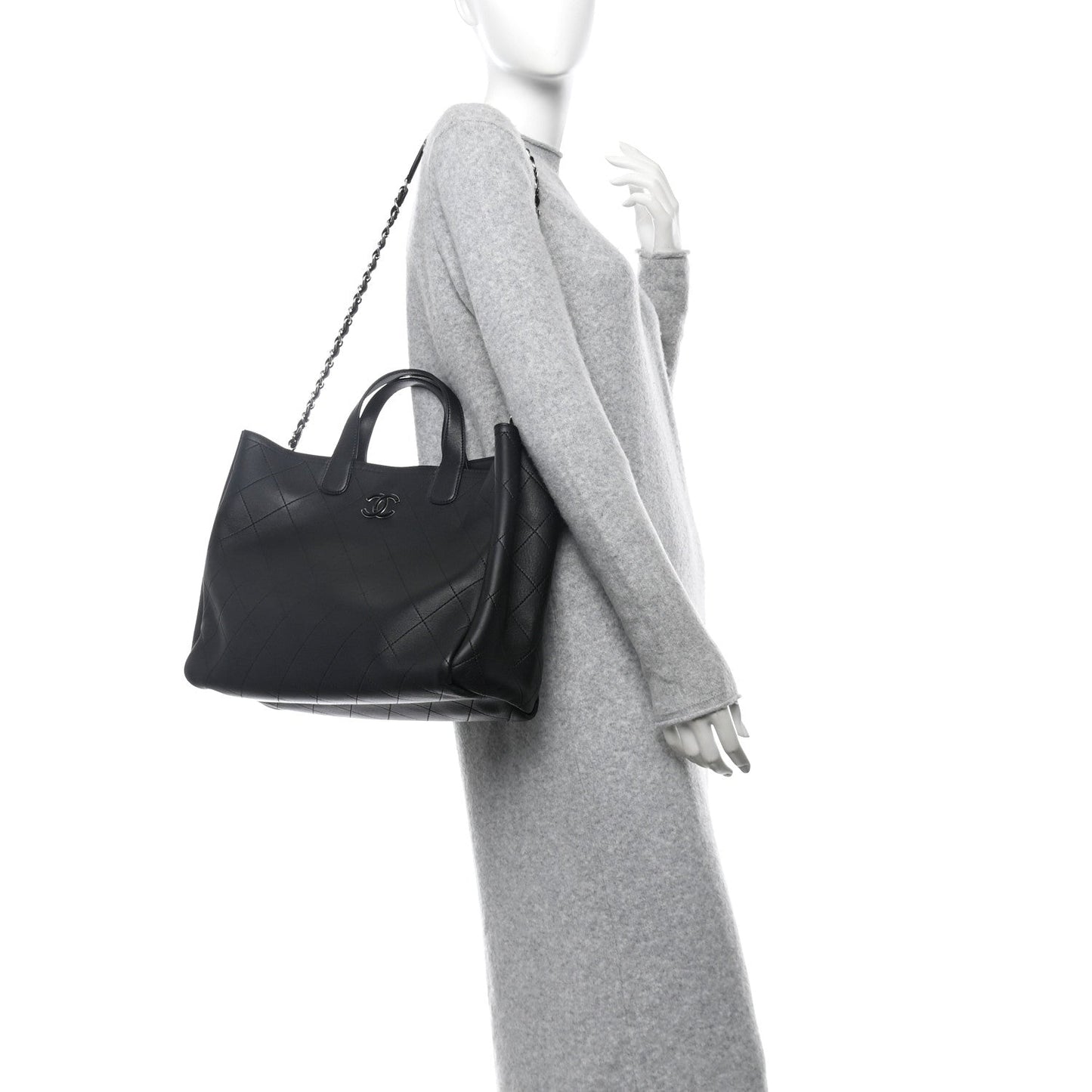 Caviar Stitched Large Lady Coco Shopping Tote Black