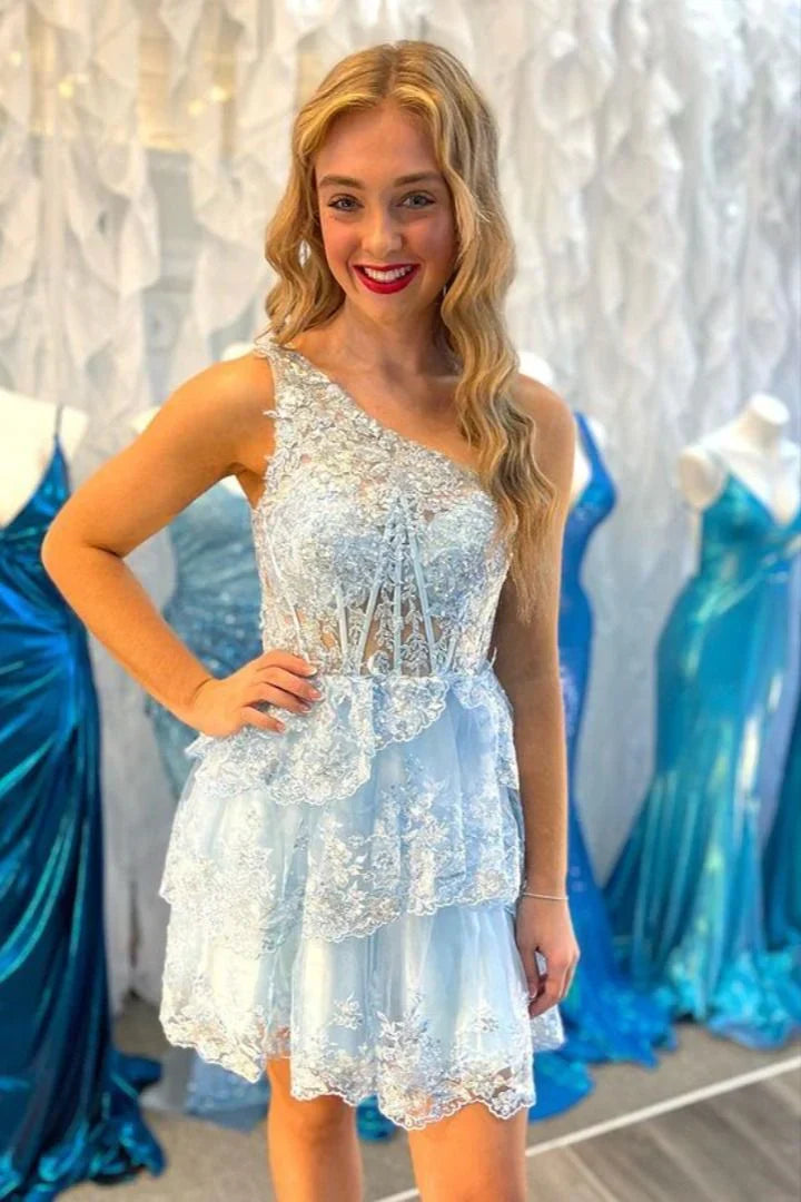 Dark Navy One Shoulder Appliques Multi-Layers Tulle Homecoming Dress