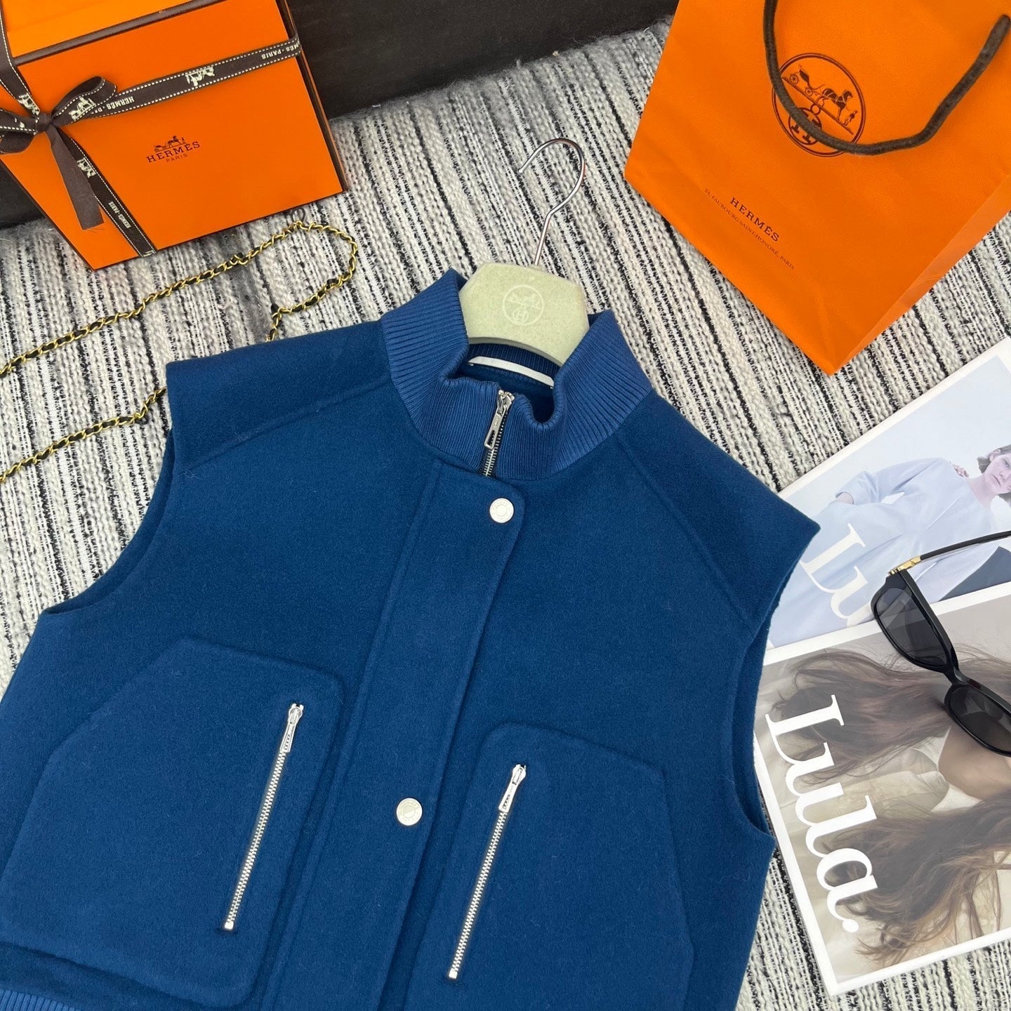 HM Stand-Up Collar Double-Faced Cashmere Blue Vest