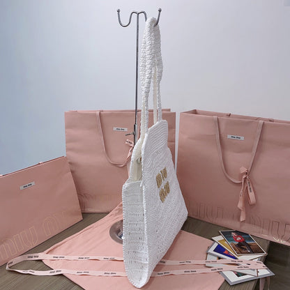 miu tote bag 38cm white woven fabric