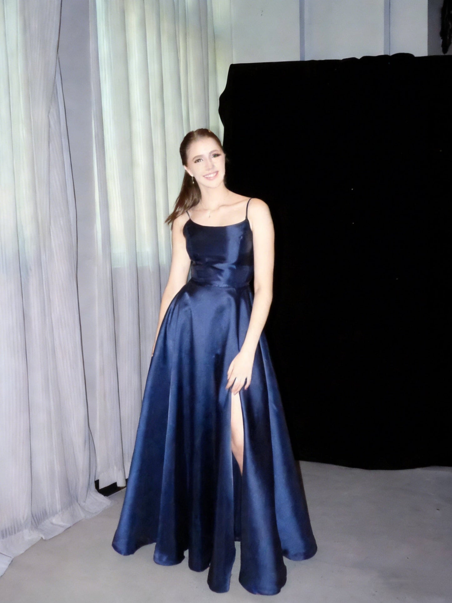 Classy Spaghetti Strap Navy Blue A Line Slit Long Wedding Guest Dress Formal Birthday Evening Dress SP1913