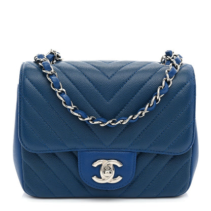 Caviar Chevron Quilted Mini Square Flap Blue