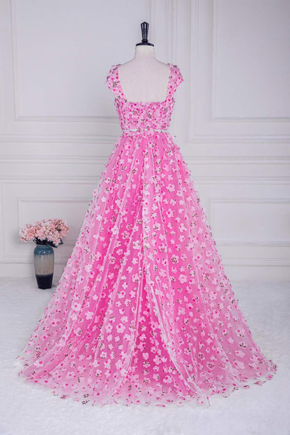 Pink 3D Floral A-line Cap Sleeves Long Prom Dress with Slit