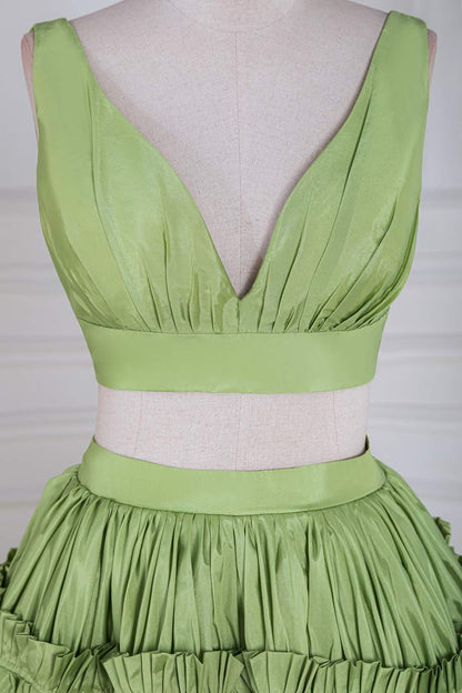 Green Plunging V Two-Piece Ruffle Layers A-line Long Prom Dress
