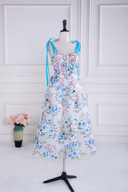 Blue and White Bow Tie Straps Floral Tea-Length Prom Dress